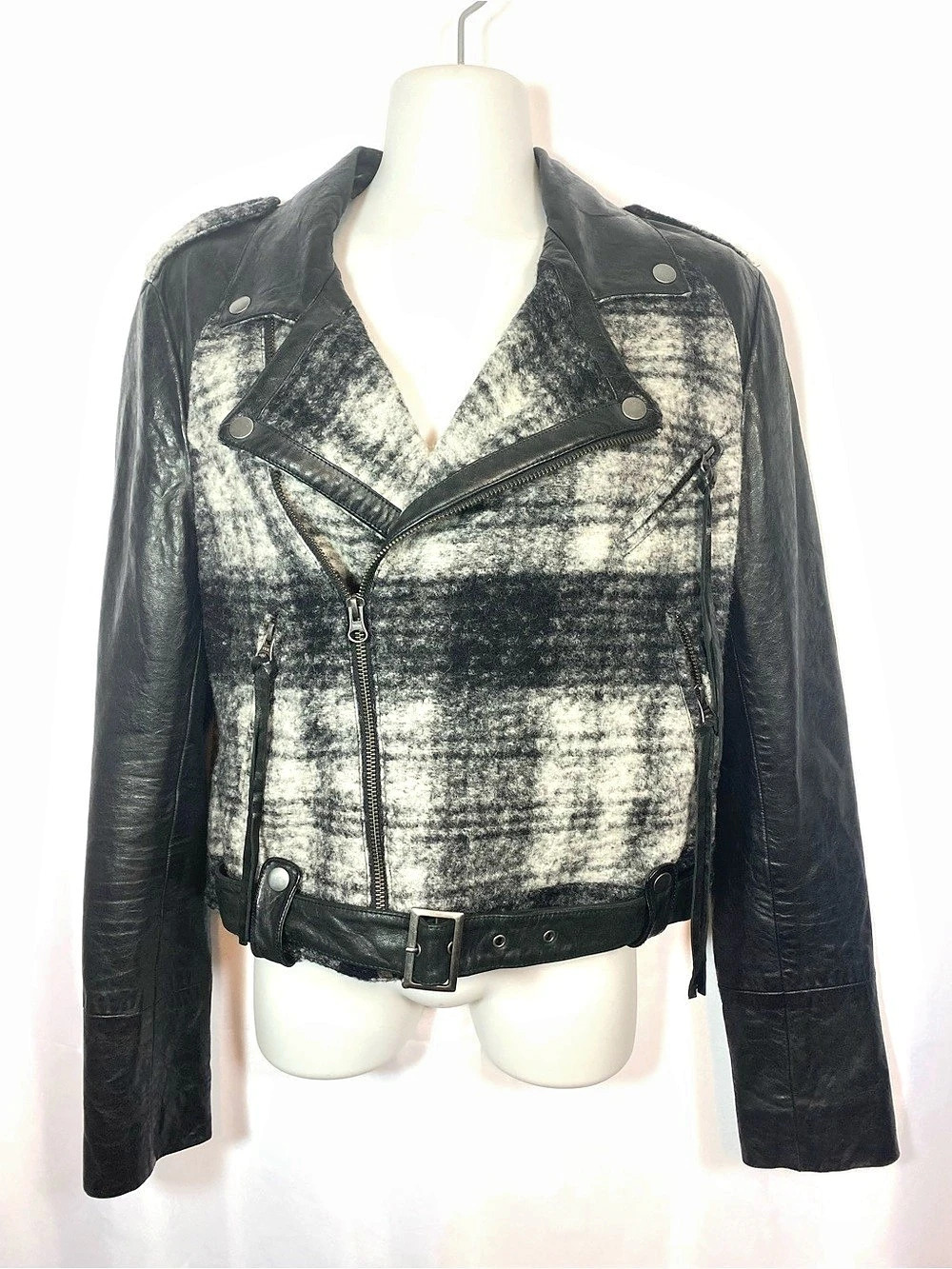 REBECCA MINKOFF Black Lambskin Leather & Wool Plaid Mixed Media Moto Jacket